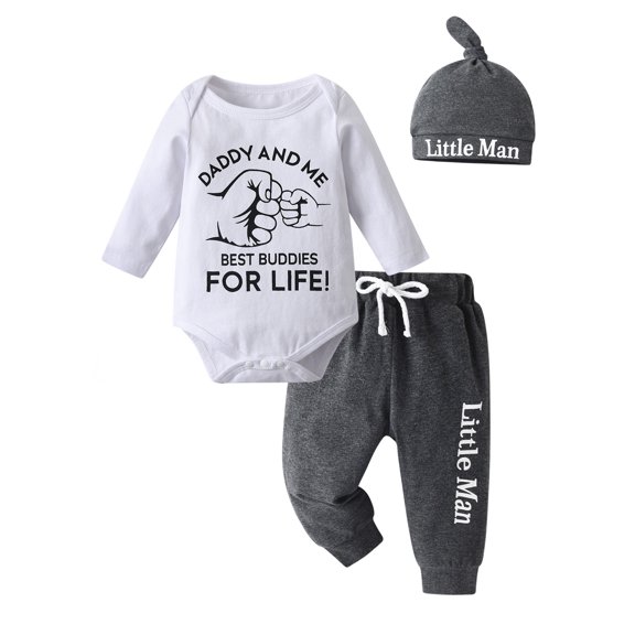 Newborn Baby Boy Clothes Letter Long Sleeve Romper Pants Hat 3PCS Outfits Set White & Black 6-9 Months