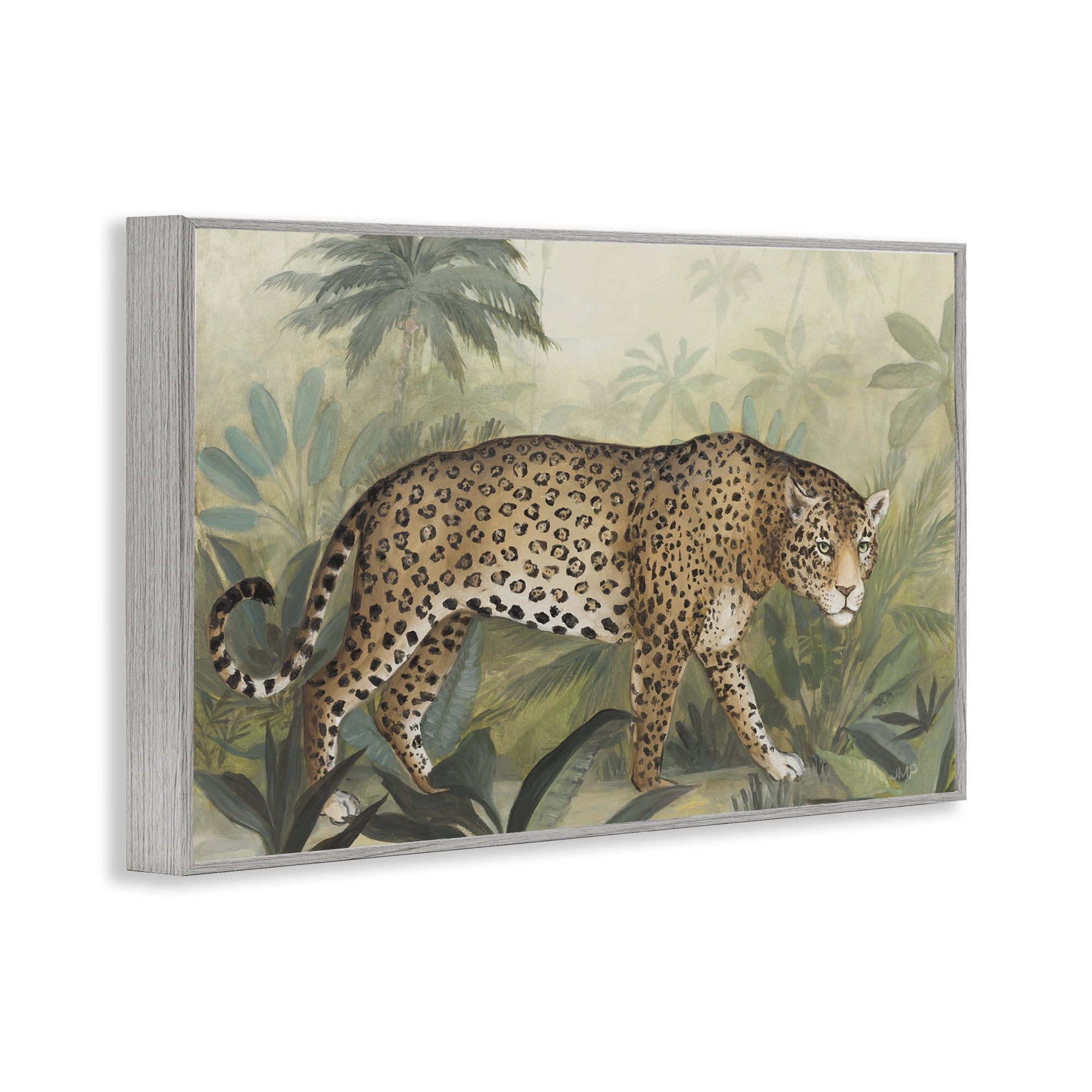 Stupell Industries Prowling Leopard in Forest Landscape Painting Gray Framed Art Print Wall Art, 24 x 16
