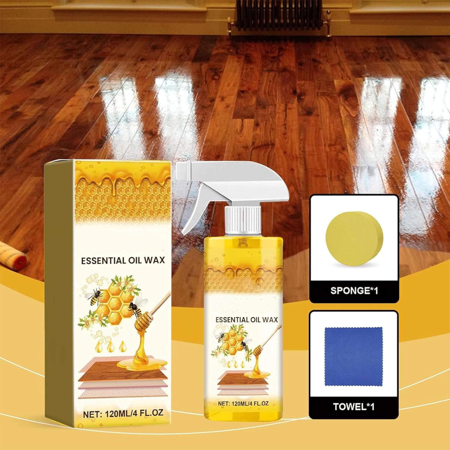 Wood Polish, Natural  Essential Oil Wax for Cabinets Floors Tables, Renew Surface Shine with Sponge and Towel