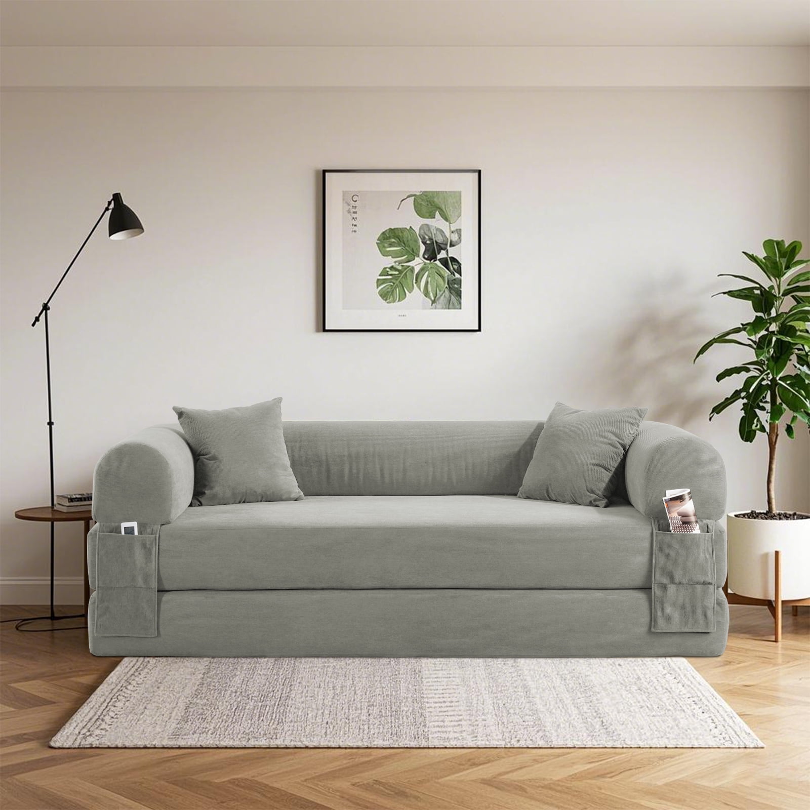 3 in 1 Convertible Sofa Bed, 80" Corduroy Folding Pull Out Couch with 2 Pillows, Floor Sofa with Side Storage for Living Room, No Assembly Modern Boneless Couch Compression Sofa, 35.4"W