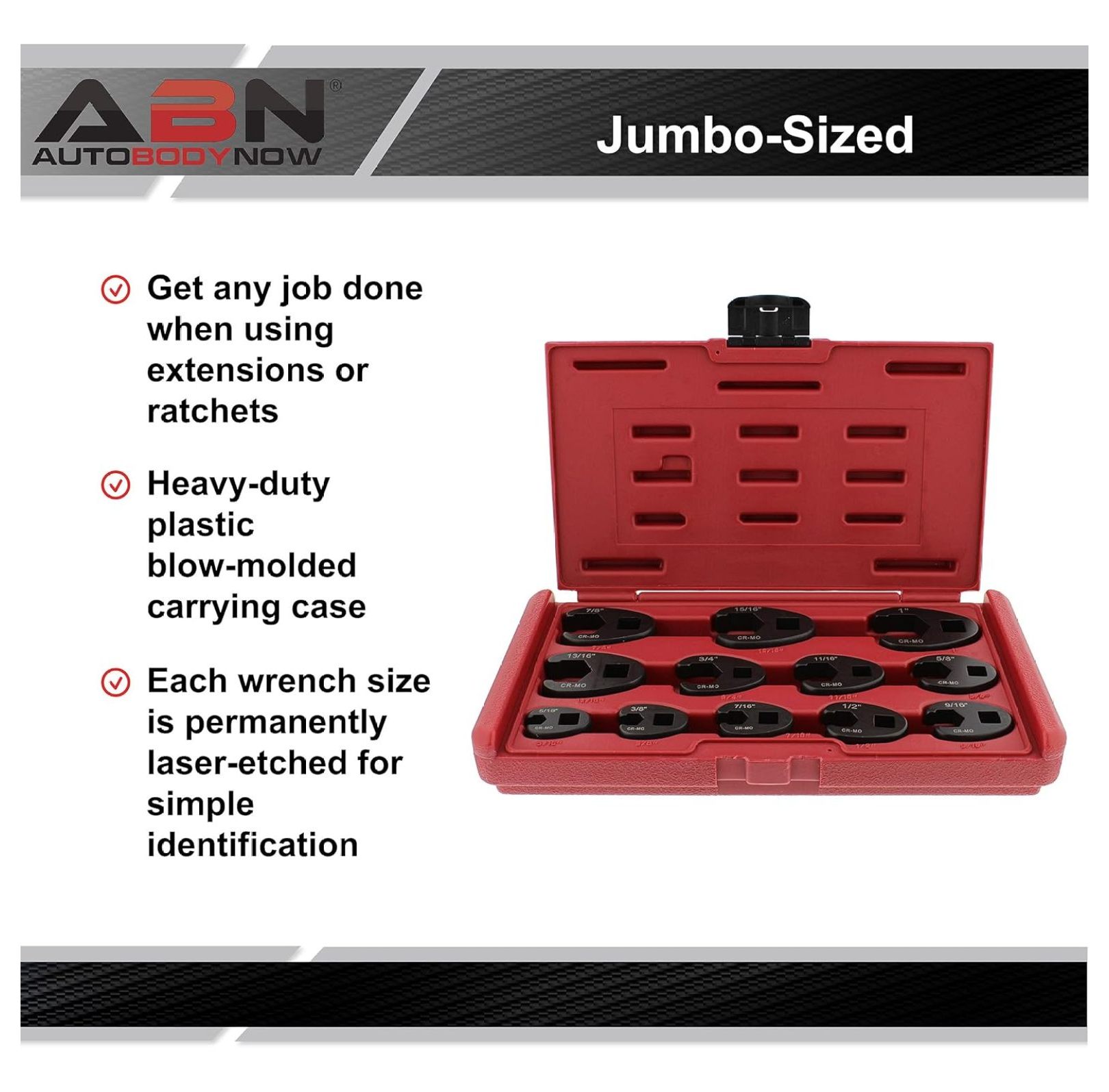 Jumbo Crowfoot Wrench Set SAE 12-Piece - 3/8 & 1/2 Drive Flare Nut Wrenches - Auto Repair Tool Kit for Mechanics & DIY
