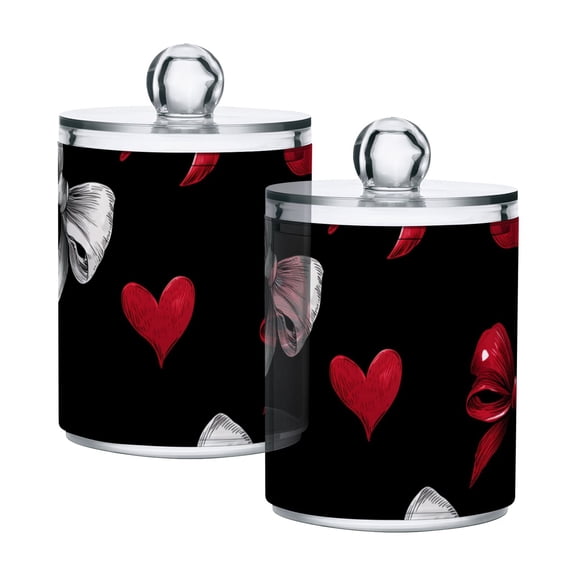 Red and Gray Bows Hearts Valentine Translucent Plastic Cans Storage Canisters with Lid Set of 2
