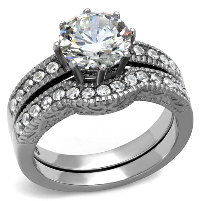 High polished (no plating) Stainless Steel Ring with AAA Grade CZ in Clear for Women Clear Stone Color Style TK1W007 Size 9