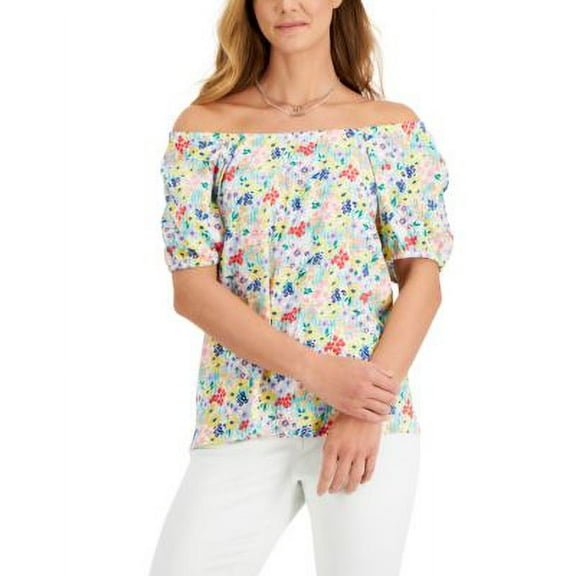 MSRP $40 Style & Co Petite Wildflower Puff-Sleeve Top Multicolor Size Large P