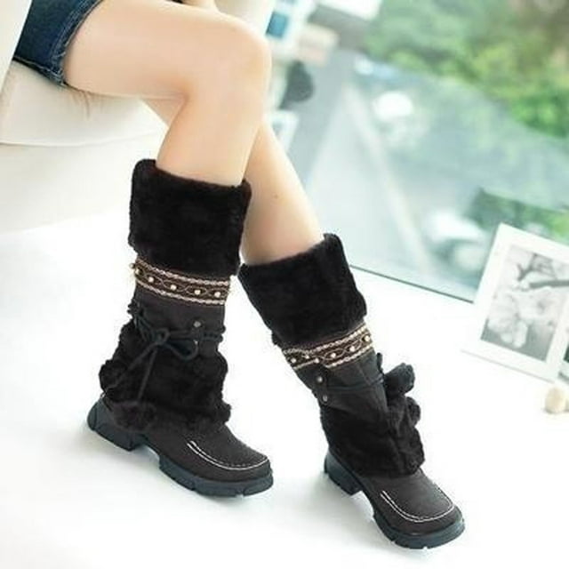 YOUSNH Chaud à Bout Haut Neige Talons Ronds Rétro Garder Milieu Chaussures Boule de Poils Bottillons à Enfiler Femmes Bottes pour Femmes Bottes Femmes Noir 8
