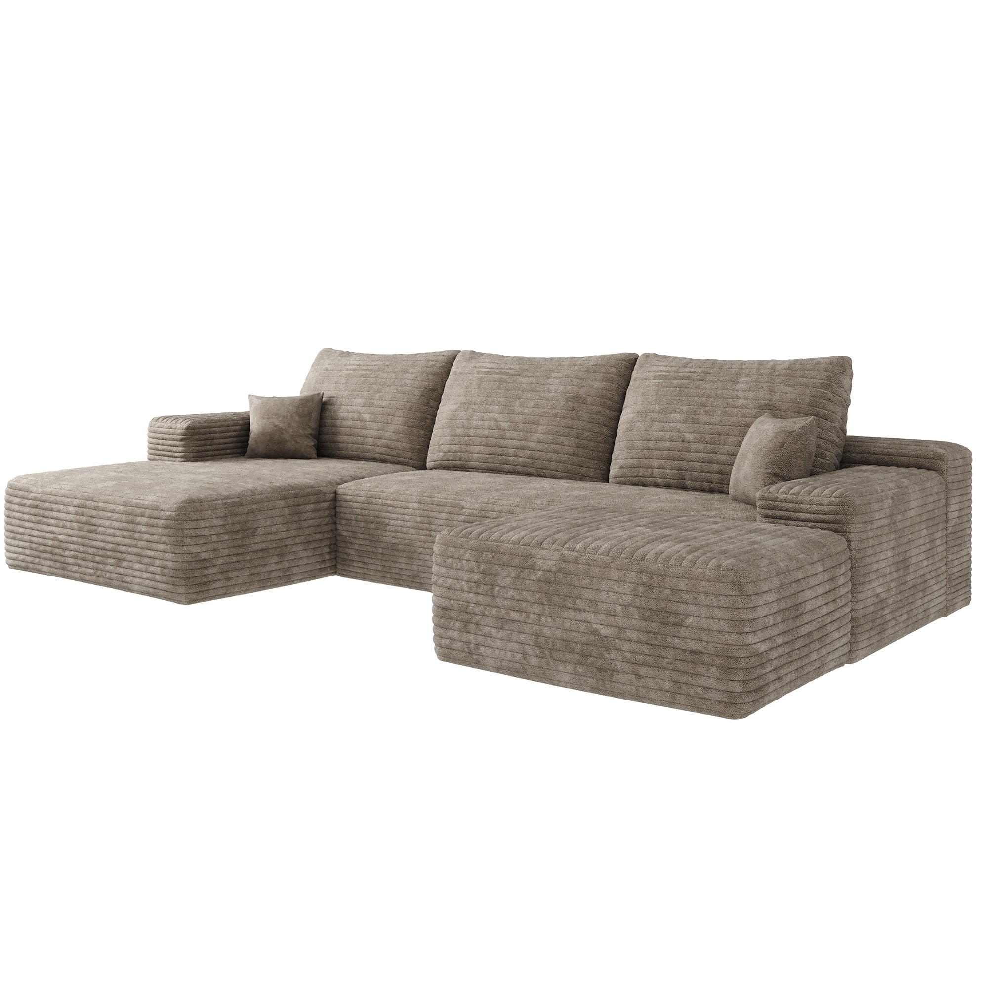MAYEERTY 107" Cloud Sectional Sofa with 1 Ottoman, Modern Minimalist U-Shaped Deep Seat Couch, No Assembly Plush Corduroy Fabric, Camel (3 packages)
