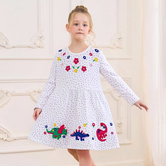 Vividxx Girls Dresses Floral Embroidery Long Sleeve Party Dress Elegant Ruffled Formal Gown Kids Clothes 6 Years