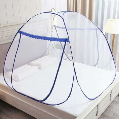 Moustiquaire Pop-Up pour Lit Double, Fermeture Éclair Double Porte, Tente Portable, Moustiquaire de Voyage, Installation Facile et Rapide Bleu 150x200x180cm