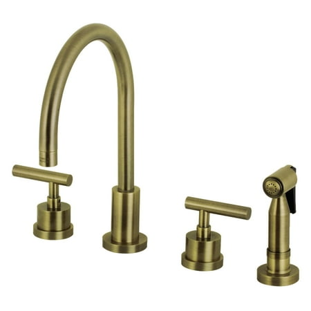 Kingston Brass Manhattan Deck Mount Widespread Kitchen Faucet with Brass Sprayer Antique Brass Antique