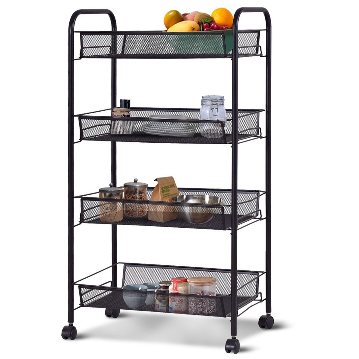 Black 4 Tier Rolling Kitchen Utility Trolley Storage Cart Shelf Baskets Shelves