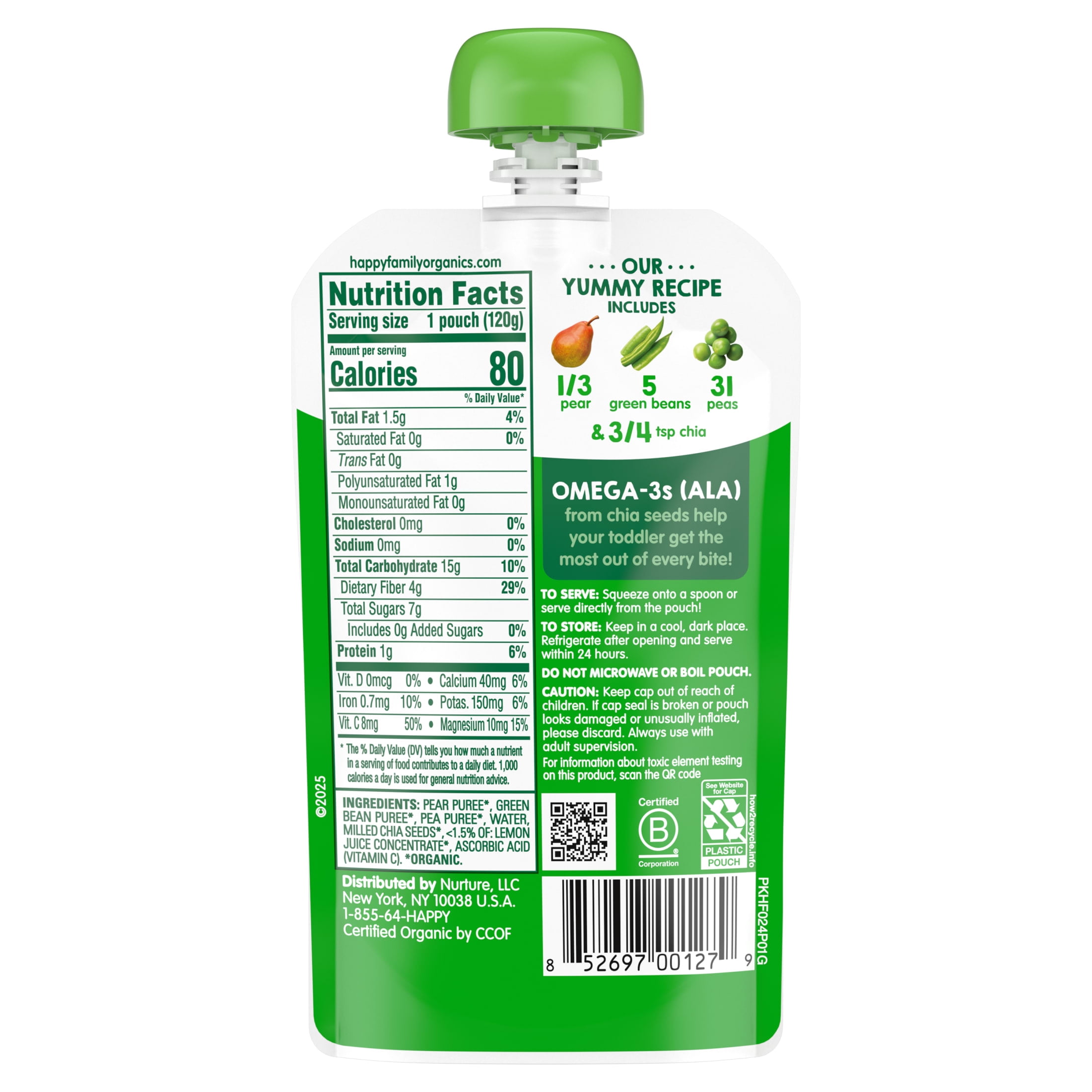 Happy Tot Organics Super Foods Stage 4, Pears Green Beans Peas & Super Chia, Organic Tot Food Pouches, 4.22 oz. (8 pack)