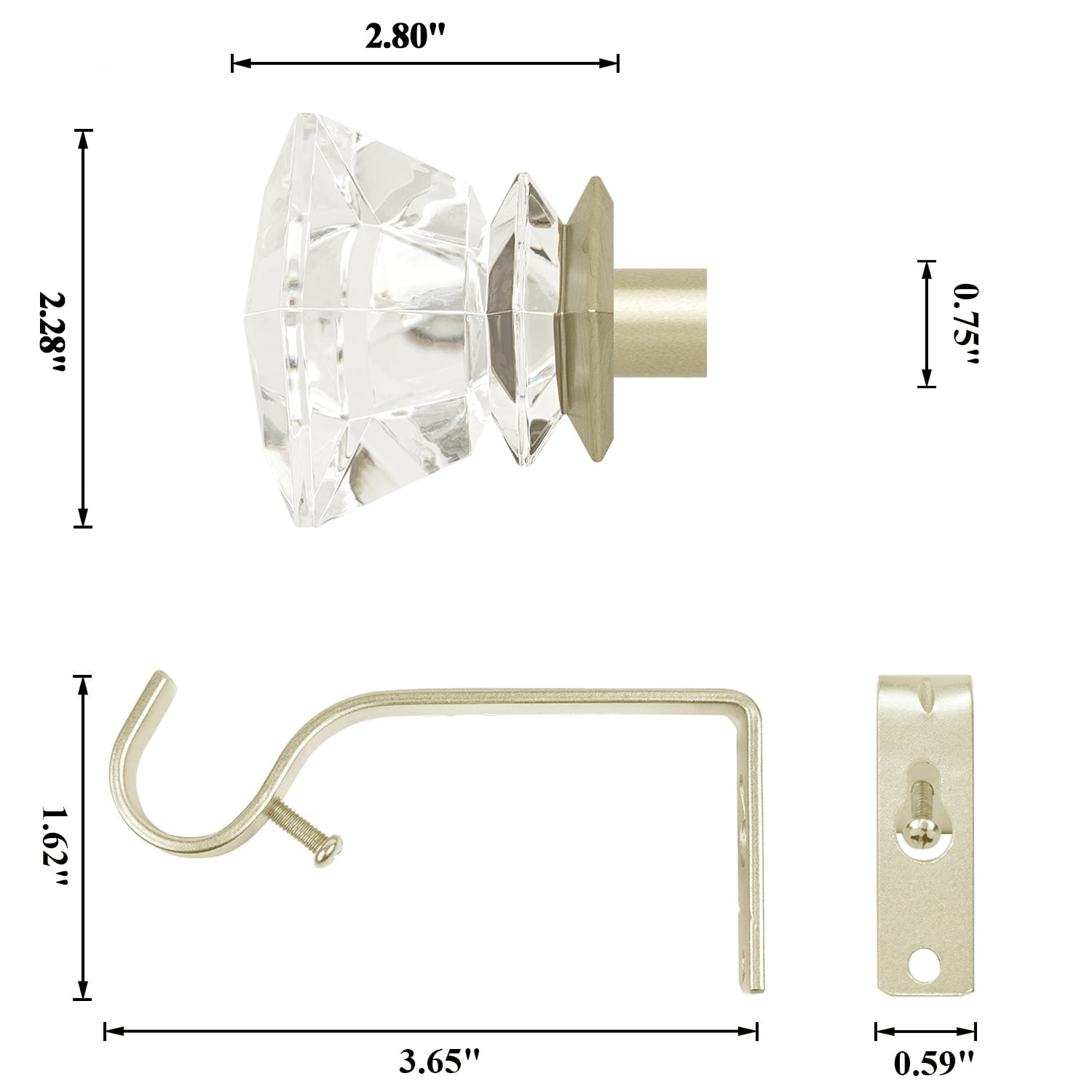 Curtain Rods 30-55" Champagne Adjustable drapery rod with 60mm clear square finials and 3 piece wall brackets. 2PACKS