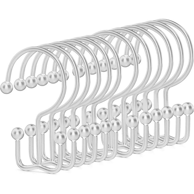 Shower Curtain Hooks, 12 Pcs Metal Double Glide Shower Curtain Hooks, Shower Curtain Rings for Shower Curtain Rods (Silver)