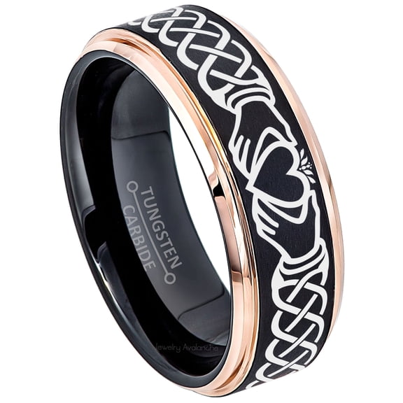 Jewelry Avalanche Men's Celtic Claddagh Wedding Band - 8mm Black Tungsten Ring with Rose Gold Stepped Edges size 10
