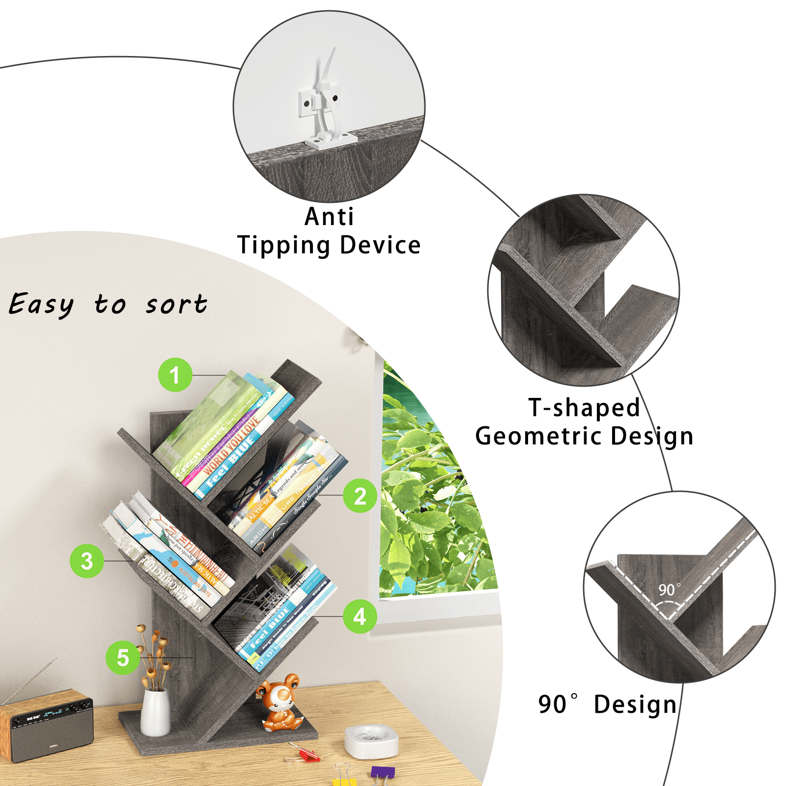 Tree Bookshelf 5-Tier Tabletop Tree Bookcase, Floor Standing Organizer Bookcases for Living Room,Bedroom, Light Grey