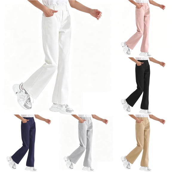 WhouRiu Girls Casual Flared Pants Solid Color Back To School Uniforms Trousers With Pockets Kids Comfortable Versatile Everyday Wear,13-14 Years
