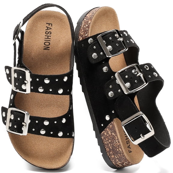 Lezzglt Women's Cork Footbed Sandals With Back Strap, Leather Sandals for Women&Men With Comfort Adjustable Buckle Non Slip Beach Flat Sandals for Summer Shoes Footwear