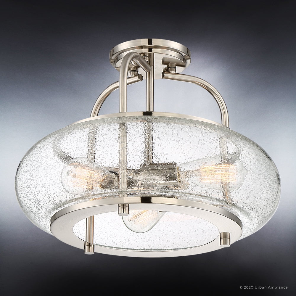 Luxury Utilitarian Indoor Ceiling Light, 12.00''H x 16.00''W, with Coastal Style Elements, Nautical Design, Brushed Nickel Finish and Clear Seeded Glass, UQL3310