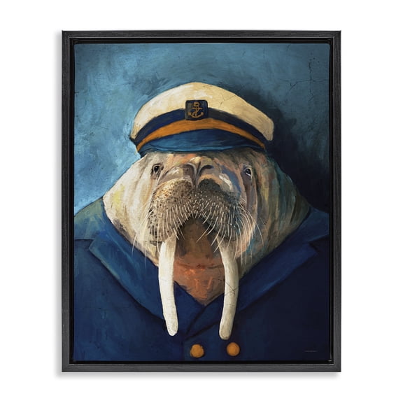 Stupell Industries Sailor Captain Walrus Animals Painting Black Floater Framed Canvas Art Print Wall Art, 17 x 21