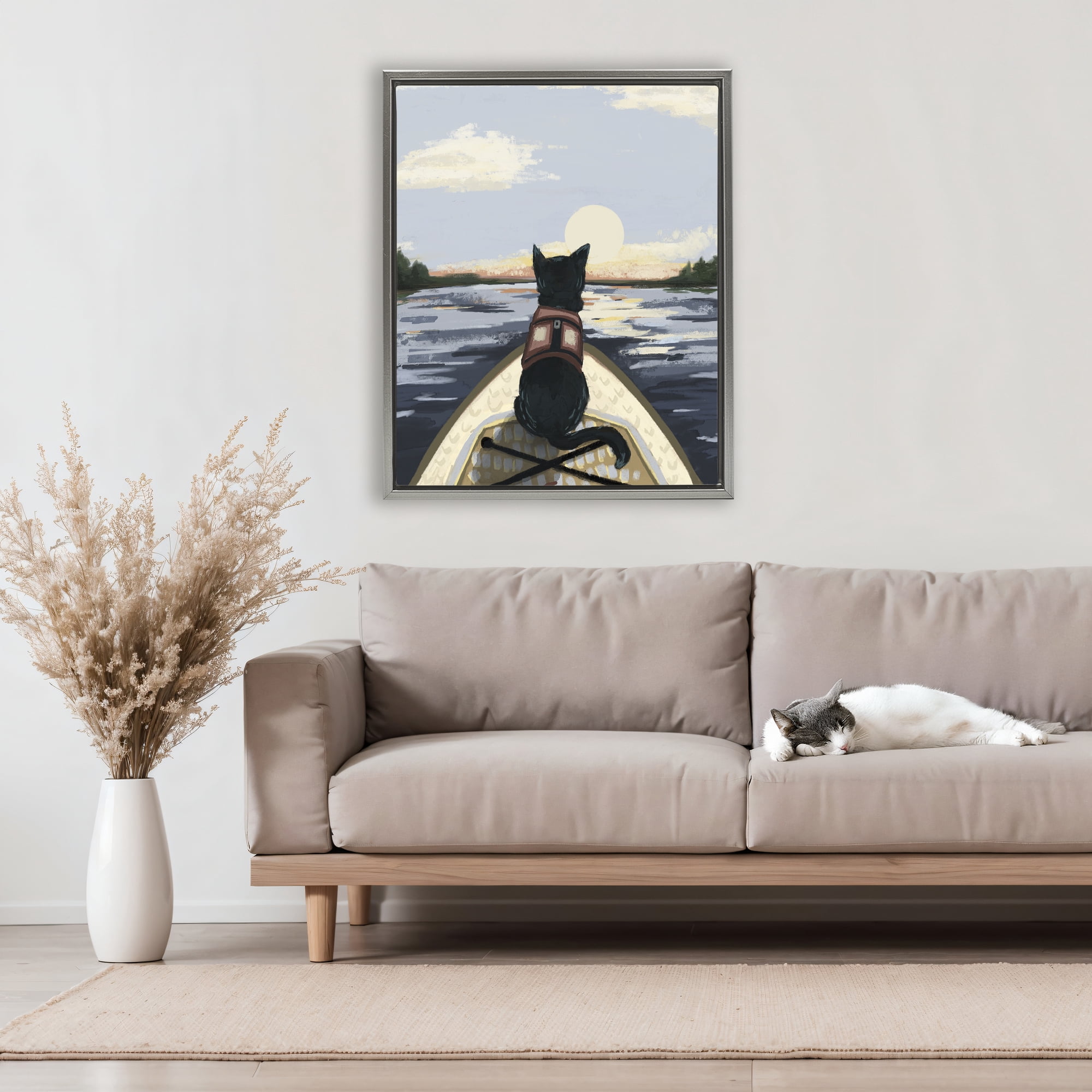 Stupell Industries Peaceful Cat Viewing Lake Gray Framed Floater Canvas Wall Art, design by Denise Bartkus