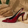 thumbnail image 4 of [On feet & in love] Women's Patent Pointed Toe Slingback Heels - Geometric Buckle Detail Stiletto Dress Pumps with Elastic Ankle Strap,Wine-red,8.5, 4 of 7