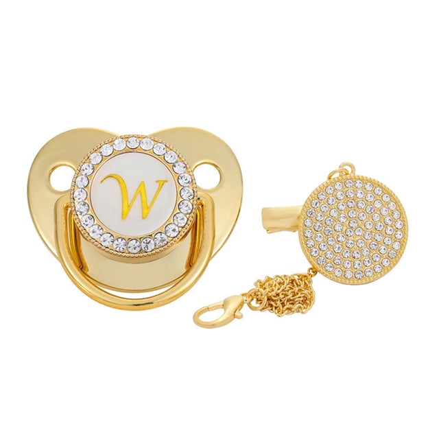DPTALR Baby Pacifier 26 Letter Name Initials Clip Silicone Baby Pacifier Golden Shiny Newborn Pacifier