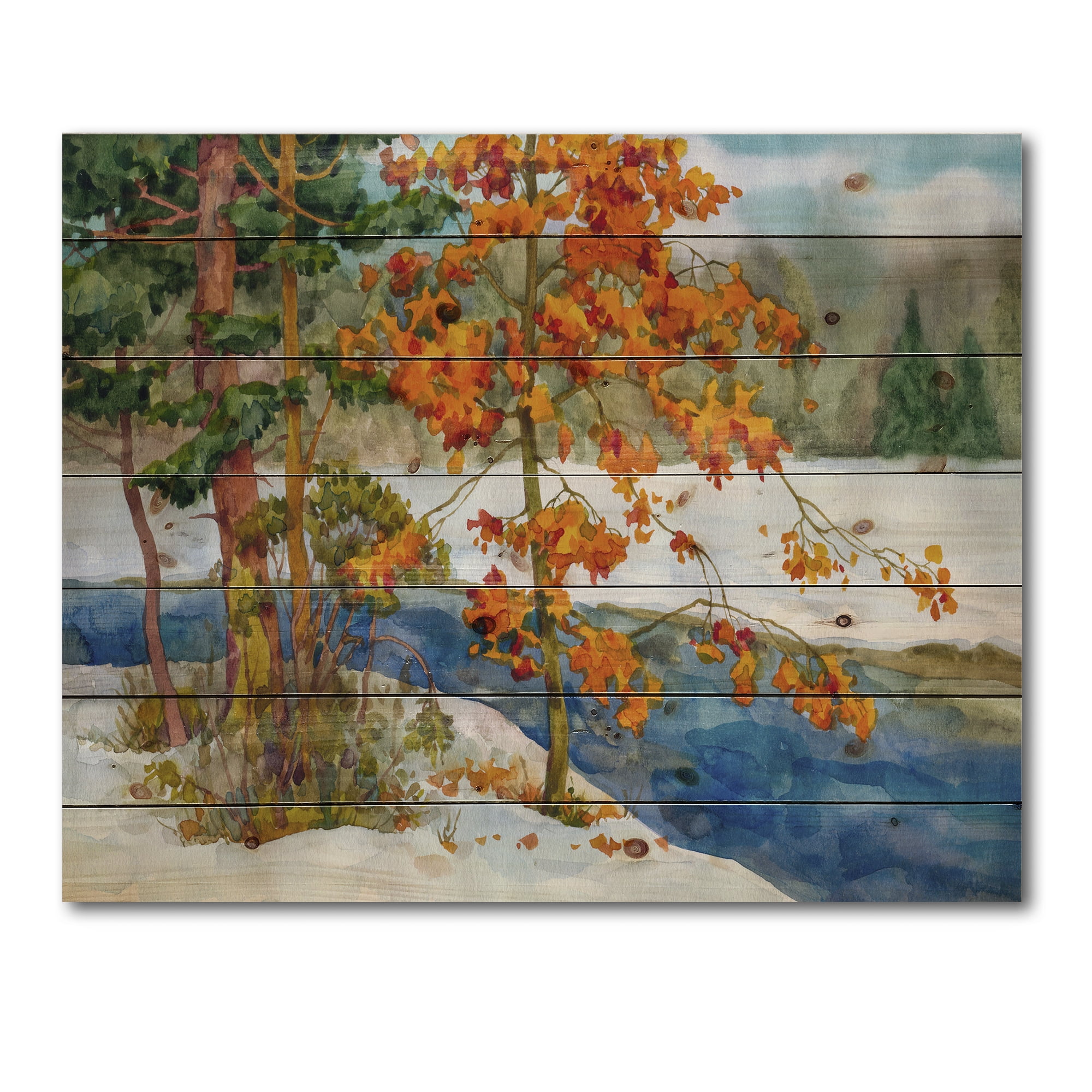 Designart 'Stream Through The Winter Forest I' Lake House Print on Natural Pine Wood