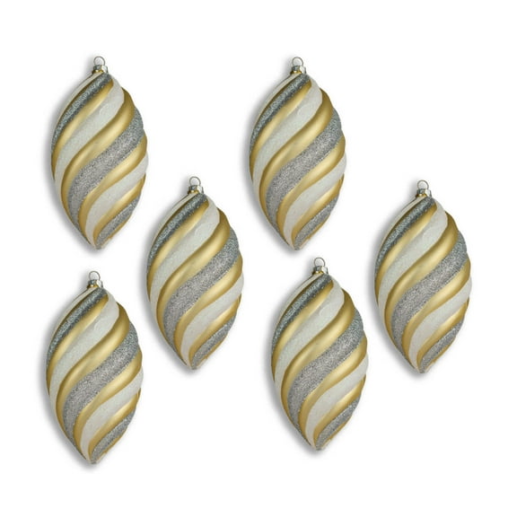 6 Pack of White, SIlver, and Gold Teardrop Ornaments with Silver and Gold Glitter Enhancements