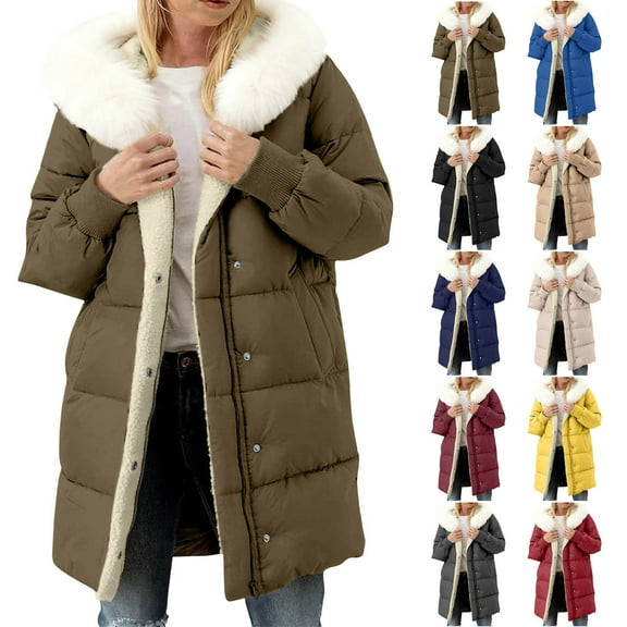 Horkkom Zip Up Jackets for Women Button Zipper Fleece Jacket with Pockets Hood Warm Winter Coats L
