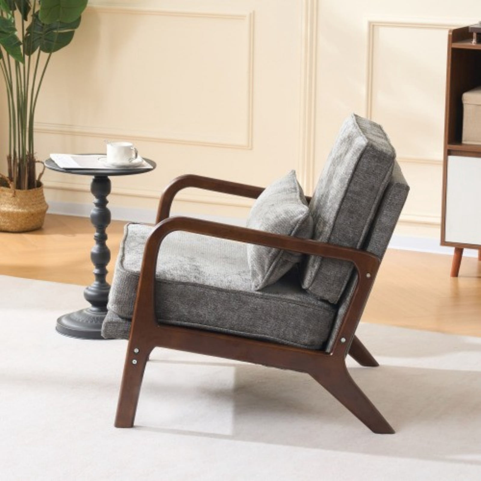 Mid-Century Modern Lounge Chair Single Upholstered Accent Chair with Curved Wood Armrests & Lumbar Cushion, Living Room Bedroom Reading Armchair Indoor, Dark Grey