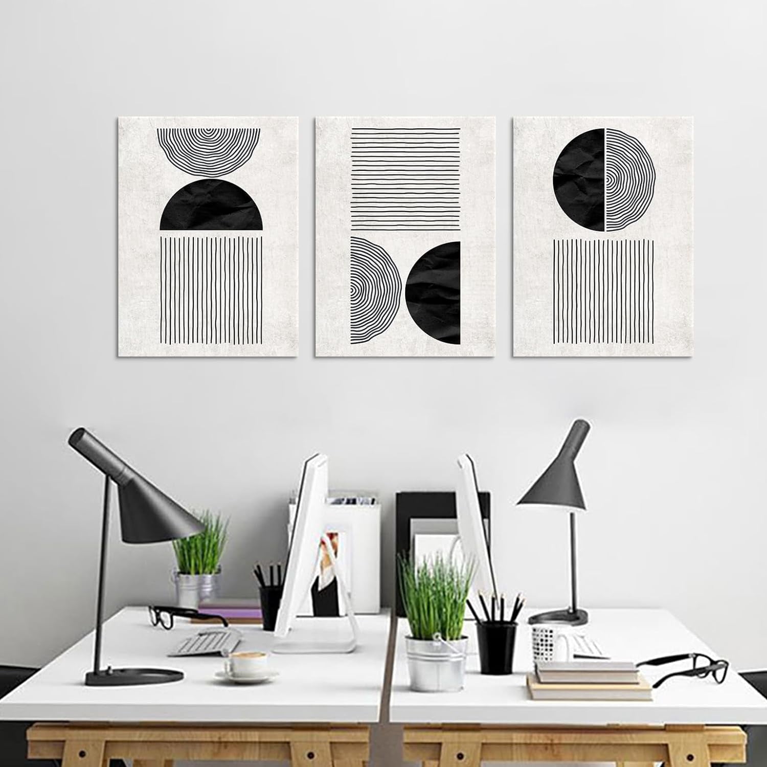 Black and White Wall Art Canvas Set Mid Century Boho Pictures Modern Geometric Lines Half Circles Wall Decor Minimalist Bohemian Abstract Painting for Living Room Bedroom Office 12"x16"x3Pc