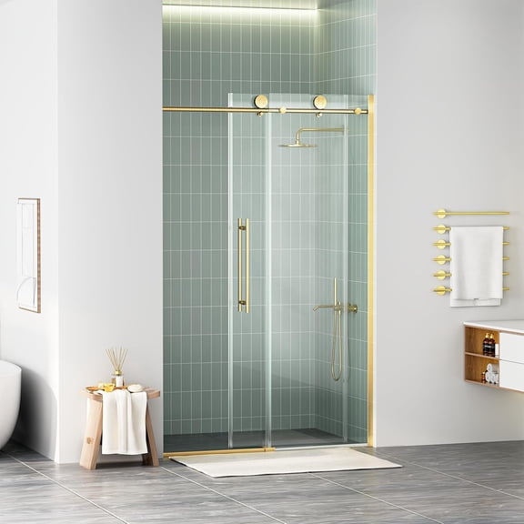 WinZo Frameless Shower Door 44-48 in W x 75 in H, Sliding Shower Door with 5/16"(8mm) Clear Tempered Glass Shower Door, Easy to Clean Bathroom, Silent Soft-Close Design, Brushed Gold