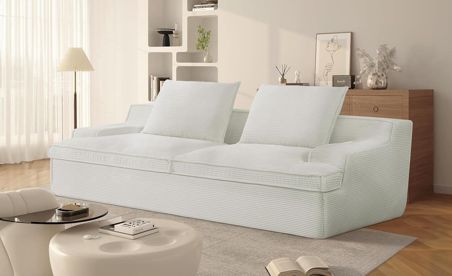 US Pride Furniture Oversized Full Foam 4 Seater Couch for Living Room Upholstered in Soft Corduroy Fabric, No Assembly, 90 Inch Wide, Ivory