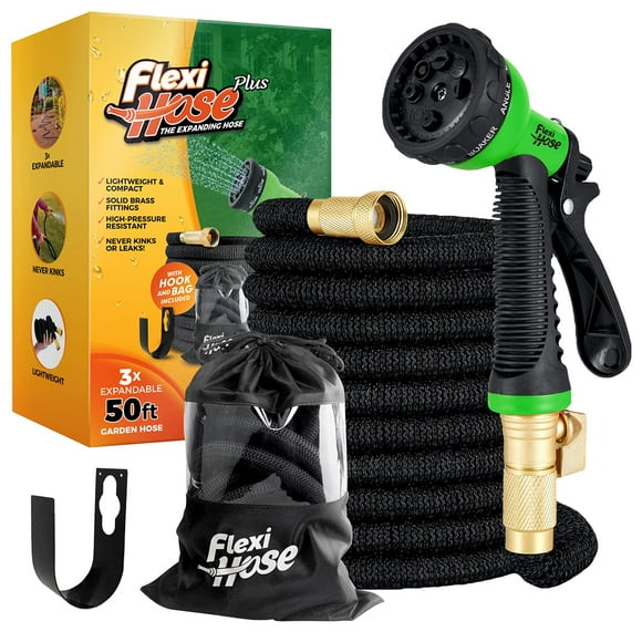 Flexi Hose Plus with 8 Function Nozzle Expandable Garden Hose, Lightweight & No-Kink Flexible Garden Hose, 3/4 inch Solid Brass Fittings and Dou