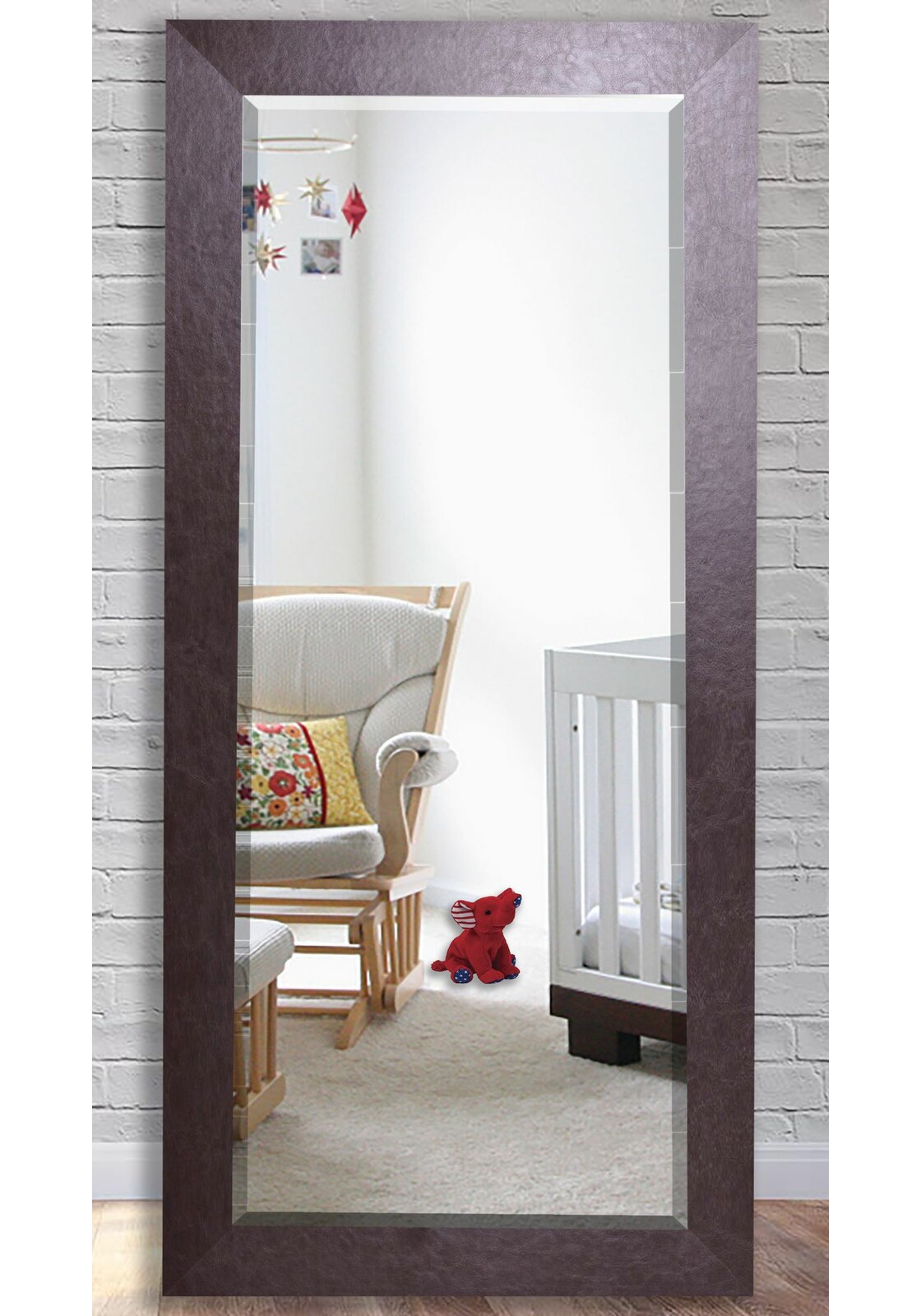 Brown Leather Traditional Beveled Wall Mirror, Installation Hardware