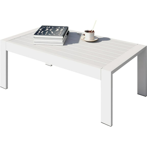 All-Weather Aluminum Outdoor Coffee Table, Modern Coffee Table for Outside, Rectangle Patio Coffee Table for Balcony Garden, Light Grey
