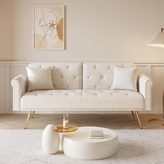 69.7'' Convertible Velvet Sleeper Sofa Bed, Upholstered Futon Couch with Nail Head Trim and 2 Matching Throw Pillow for Living Room, Bedroom, Home Office (Beige)