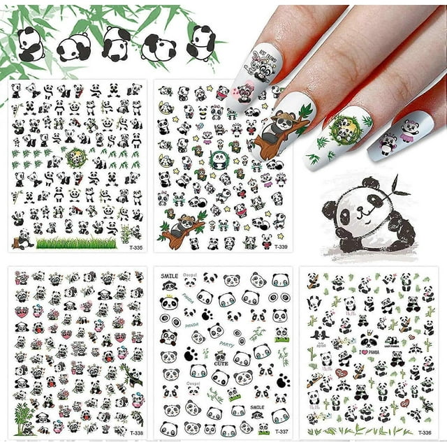 5 Sheets Panda Nail Art Stickers, 3D Cute Pandas with Bamboos Flowers Nail Art Stickers Decals for Nail Design Manicure DIY Decor Kids Scrapbook Craft