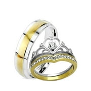 His and Hers Wedding Rings 3 Pc Yellow Gold IP Crown Stainless Steel Wedding Set