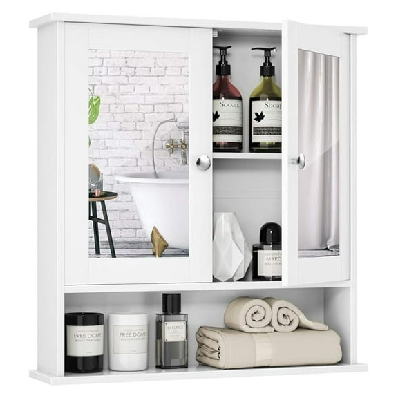 HHBEAUTY Bathroom Medicine Cabinet with Mirror, Wall Mounted Wooden Hanging Organizer with Doors and Shelves, Bathroom Wall Mirror Cabinet (Mirror Doors, White)
