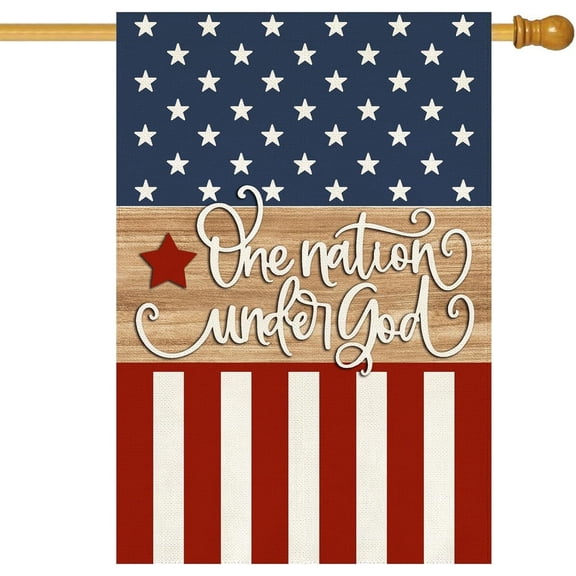 Patriotic 4th of July House Flag 28 x 40 Inch Double Sided Burlap One Nation Under God Memorial Day Independence Day Large Yard Flag Holiday Farmhouse Seasonal Outdoor Outside Decoration