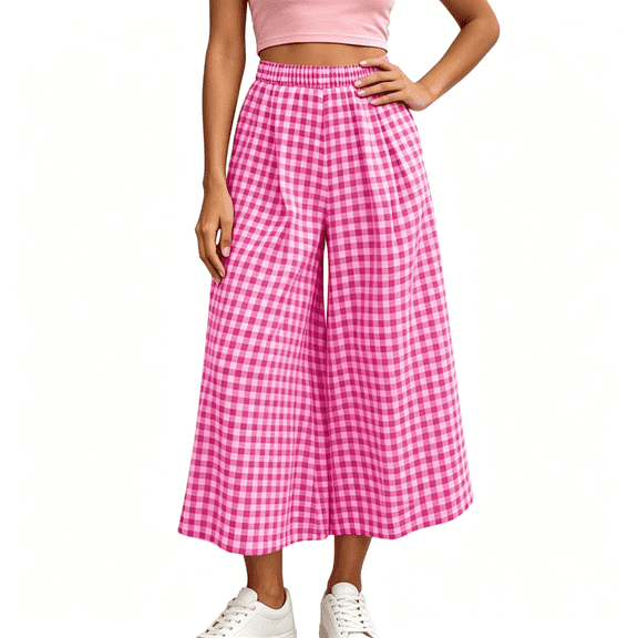 CBASIHI Womens Wide Leg Gingham Pants with Pockets- Beach Vacation Casual Fashion High Waist Summer Elastic Waist Cropped Pants Pink Size S-2XL