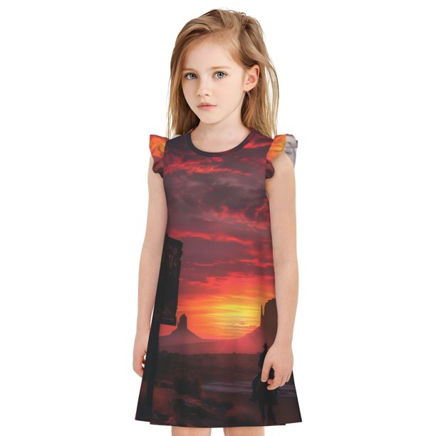Fotbe Sunset Western Desert Cowboy Vestido de Dormir para Niñas de 3 a 10 Años, Mangas Cortas, Estilo Princesa, Pijama Camisón con Mangas Voladas-XX-Large