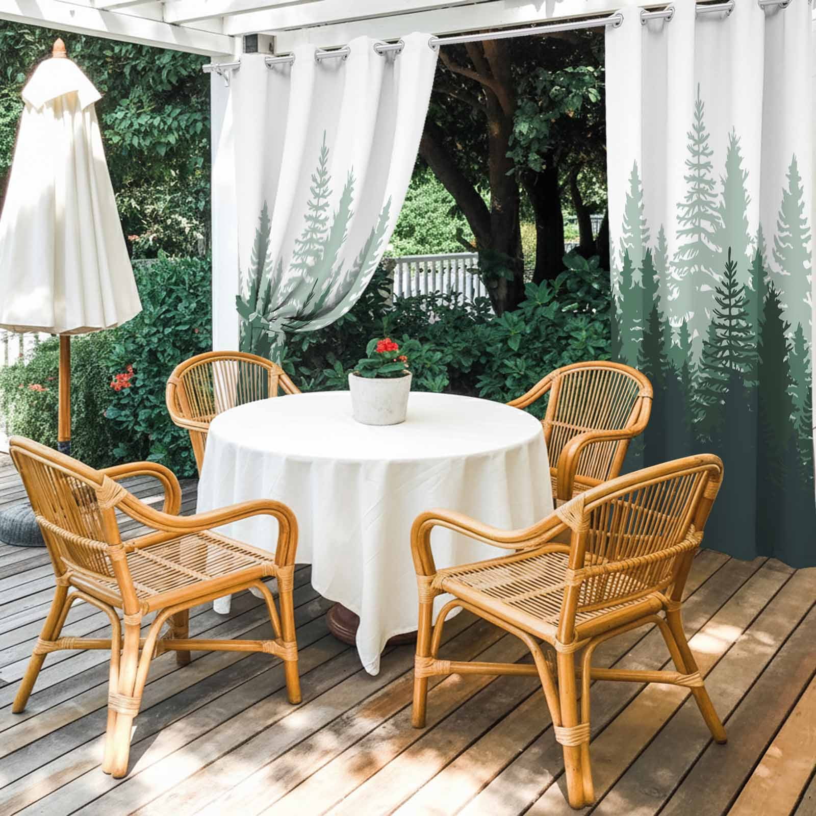 Green Forest Outdoor Curtains for Patio Waterproof, Nature Woodland Tree Misty Forest Silhouette Landscape Grommet Curtains for Porch Outside Privacy Drape for Gazebo Garden Pergola, 1 Panel, 54x84in