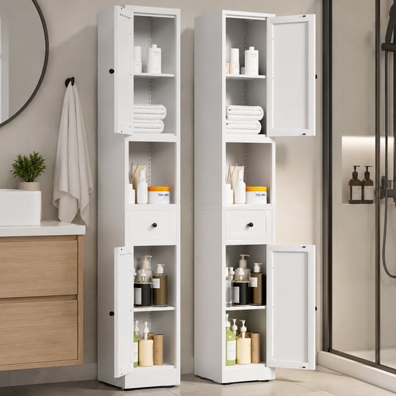 Glyxxen 71" Bathroom Storage Cabinet with Adjustable Shelves, Waterproof Metal Tall Skinny Cabinet for Small Space,Kitchen,Laundry Room,Entryway, White