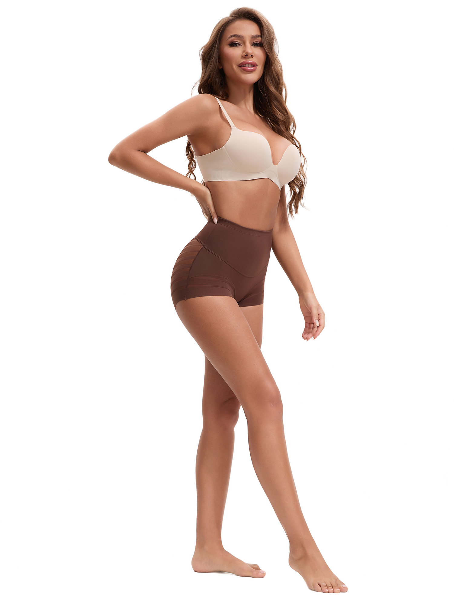 Unique Bargains Tummy Control Shapewear Stripe Mesh Underwear Panties M Coffee