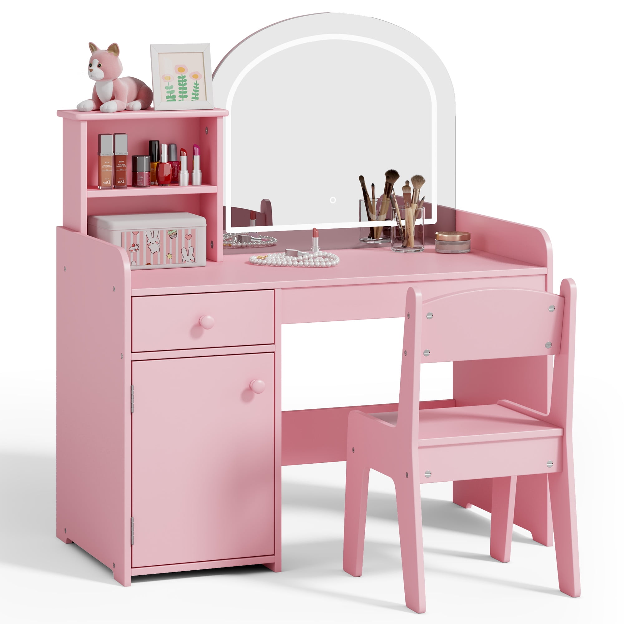 Kids Vanity Table and Chair Set with 2-Tier Open Shelves and Drawer, Noelse Pink Vanity Set with Mirror and Lights for Pretend Play, Girls Vanity Desk for Bedroom