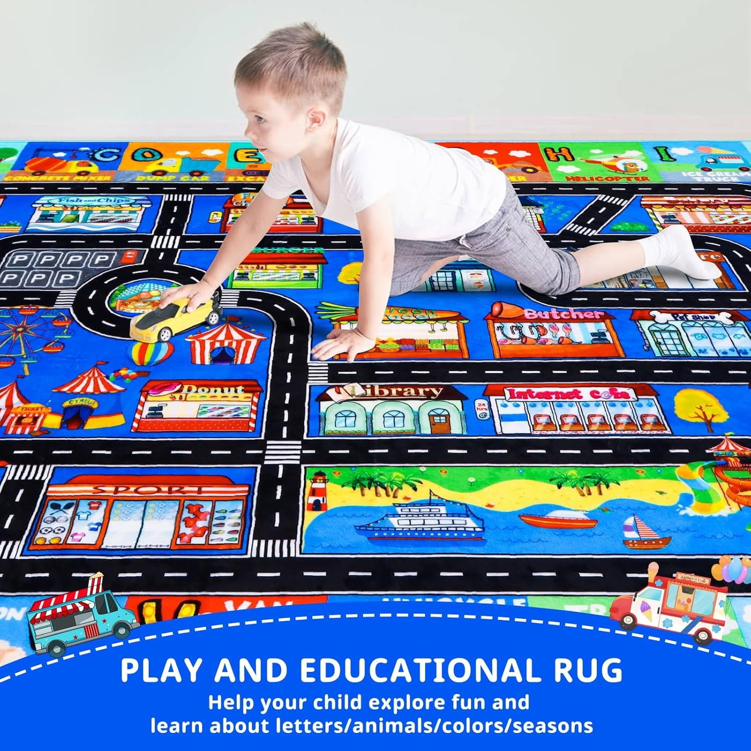 ABC Transportation Kids Rugs 59"×39.4" Animals Play Mat for Toy Cars Playroom