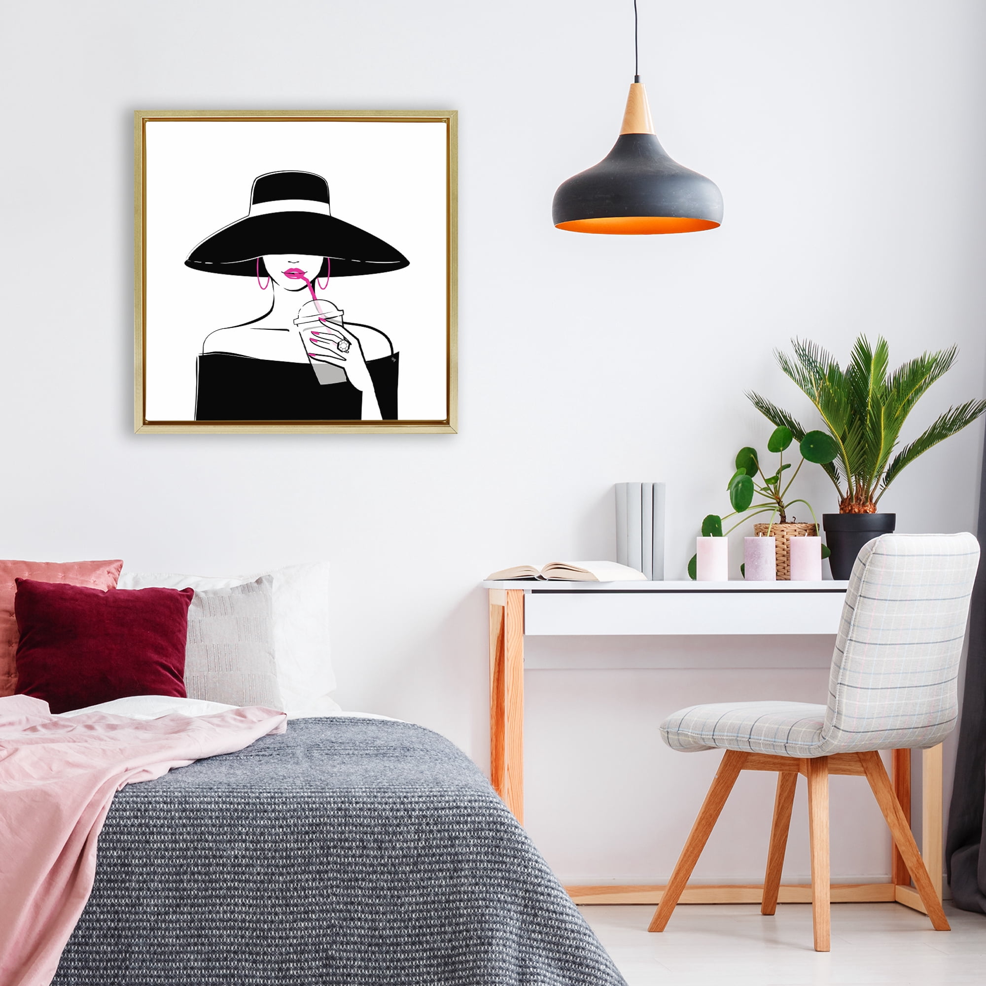 Stupell Industries Chic Black Hat Sipping Coffee Gold Framed Floater Canvas Wall Art, design by Martina Pavlova