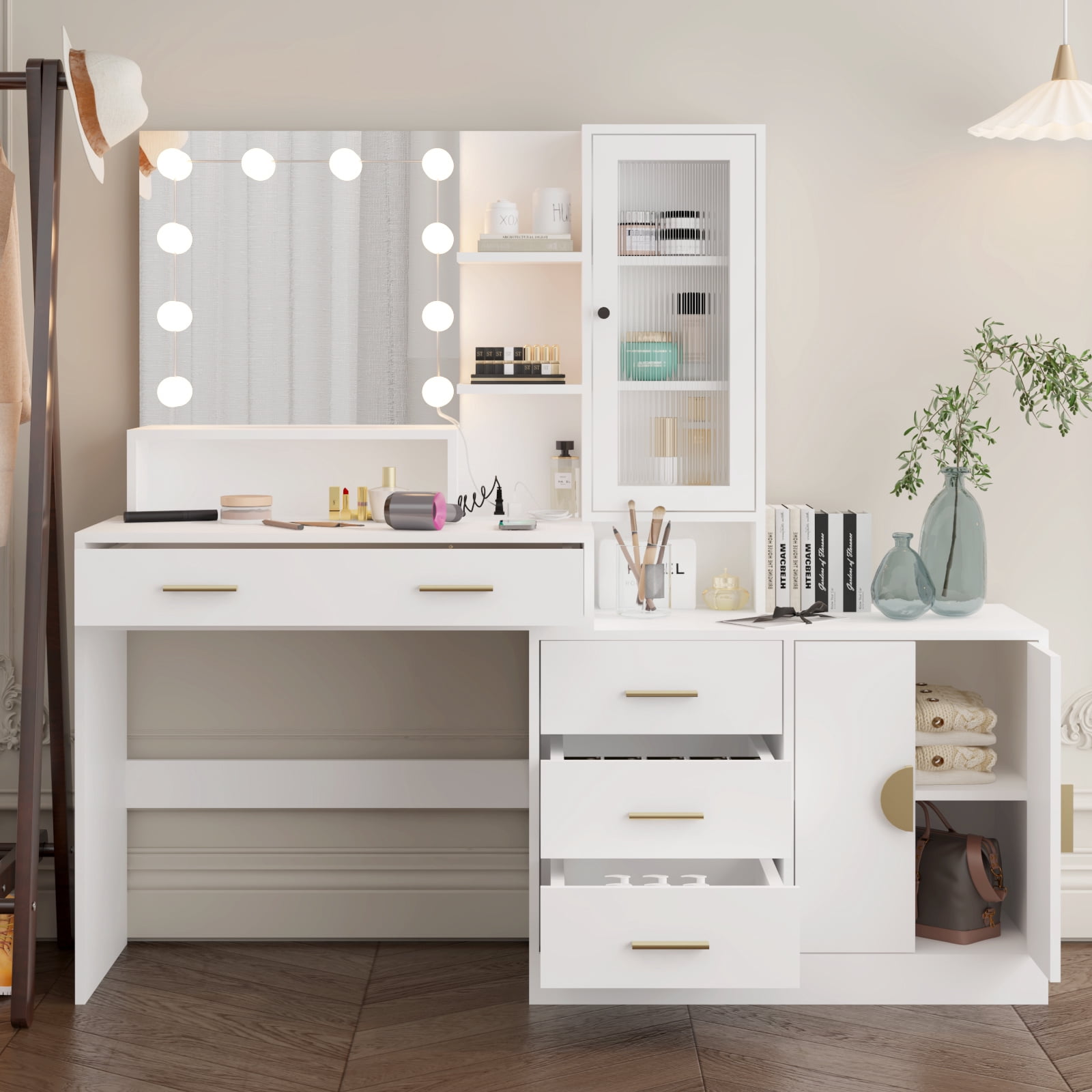 Ktaxon Makeup Vanity with 4 Drawers&Charging Station, Vanity Table Desk with 3 Color Light, Dressing Table w/ 2 Door Cabinet, White